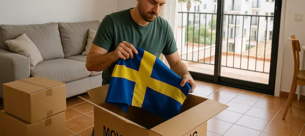 "Person packar ner svensk flagga i flyttlåda i utlandslägenhet – symboliserar hemflytt till Sverige och känslan av att återvända hem"
